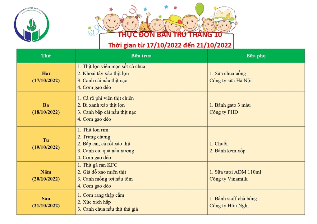 Thực đơn bán trú (Áp dụng từ ngày 17/10/2022 - 21/10/2022)