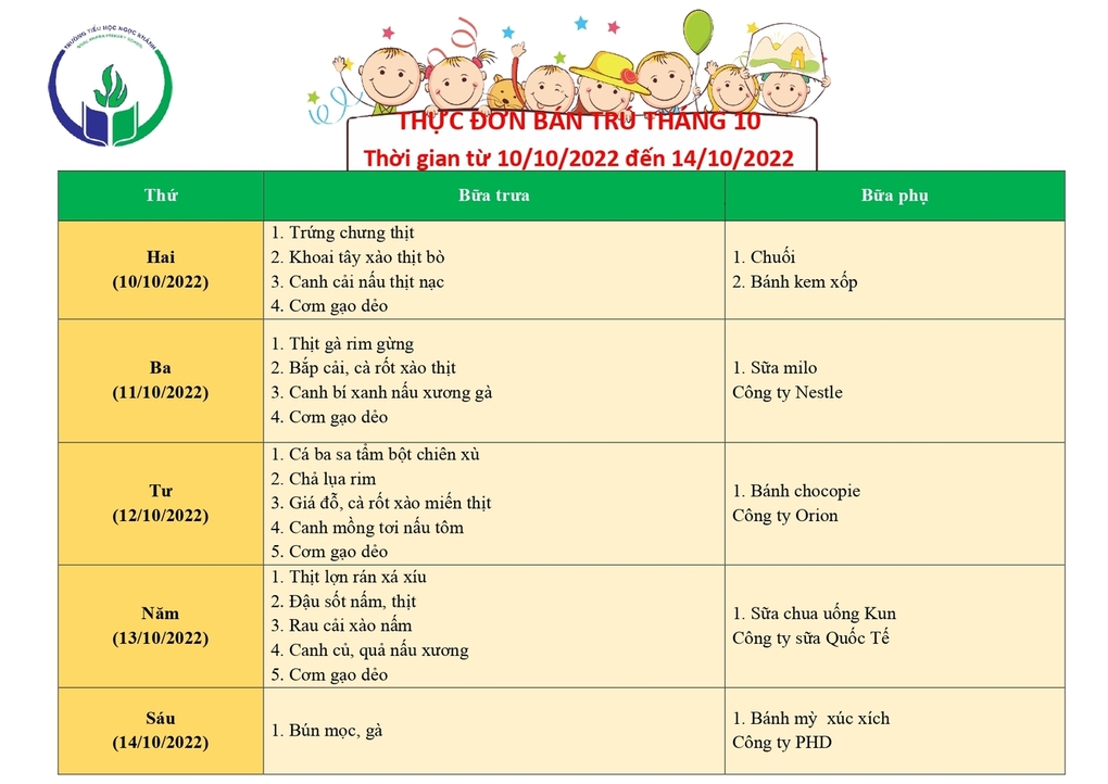Thực đơn bán trú (Áp dụng từ ngày 10/10/2022 - 14/10/2022)