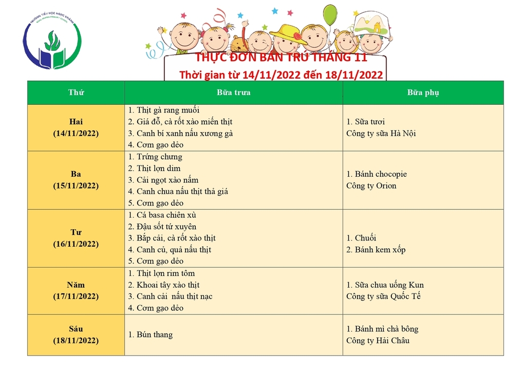 Thực đơn bán trú (Áp dụng từ ngày 14/11/2022 - 18/11/2022)