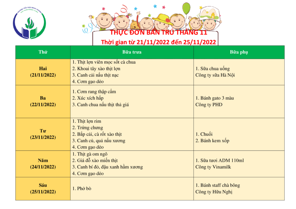 Thực đơn bán trú (Áp dụng từ ngày 21/11 - 25/11/2022)