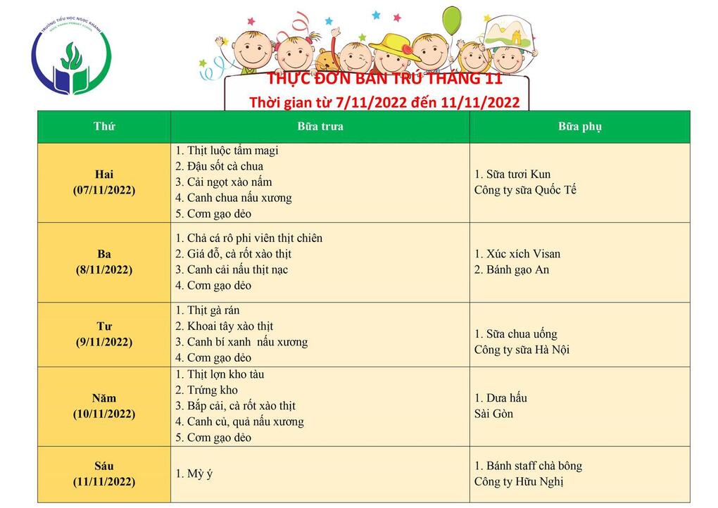 Thực đơn bán trú (Áp dụng từ ngày 07/11/2022 - 11/11/2022)