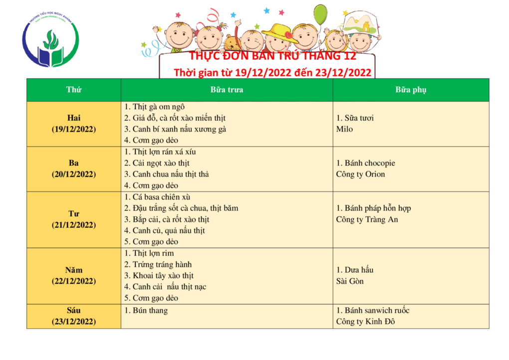 Thực đơn bán trú (Áp dụng từ ngày 19/12 - 23/12/2022)