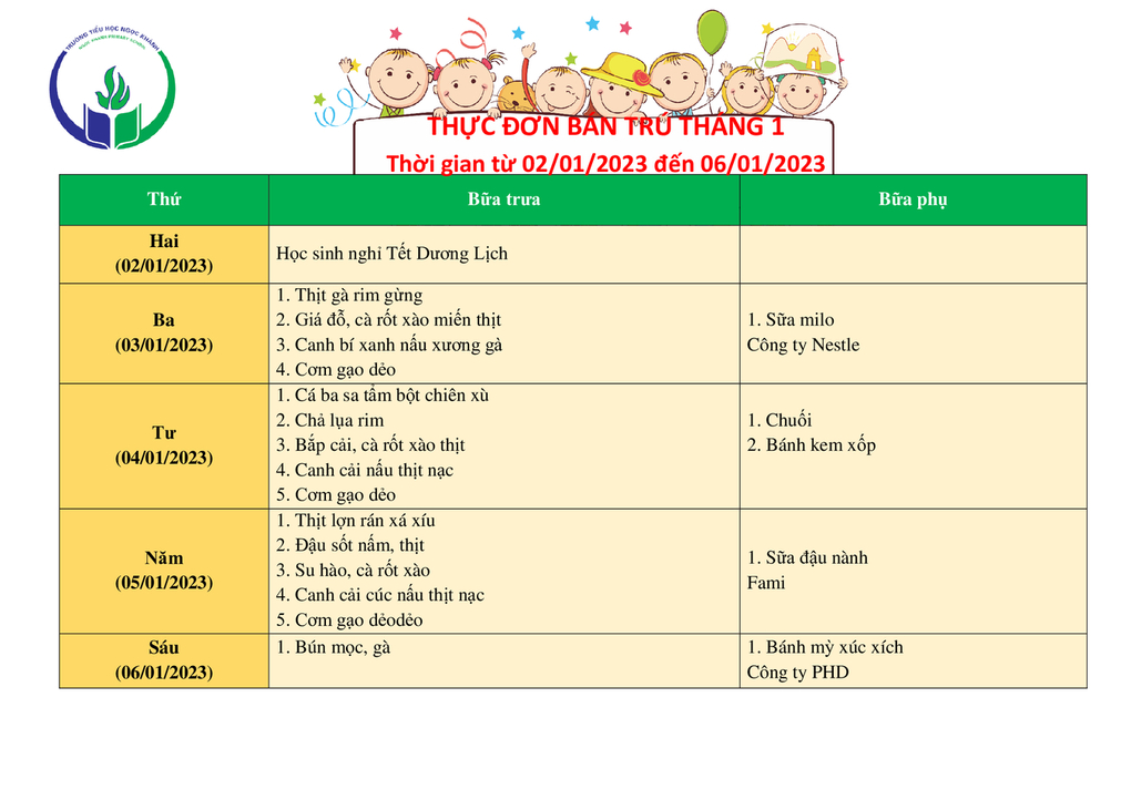 Thực đơn bán trú (Áp dụng từ ngày 03/01 - 06/01/2023)