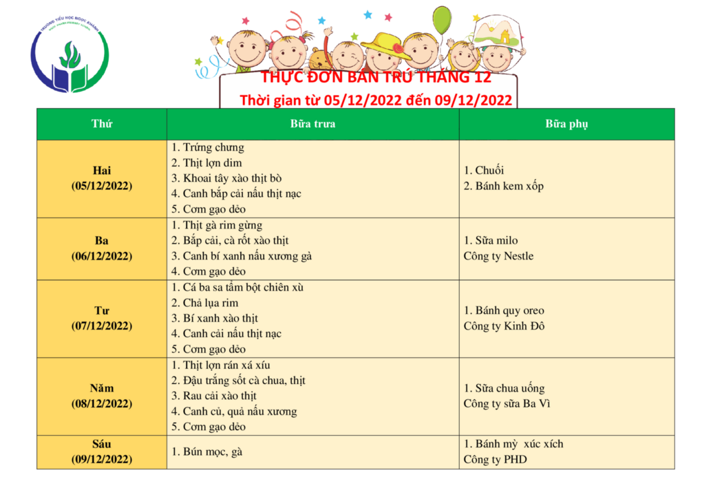 Thực đơn bán trú (Áp dụng từ ngày 05/12 – 09/12/2022)