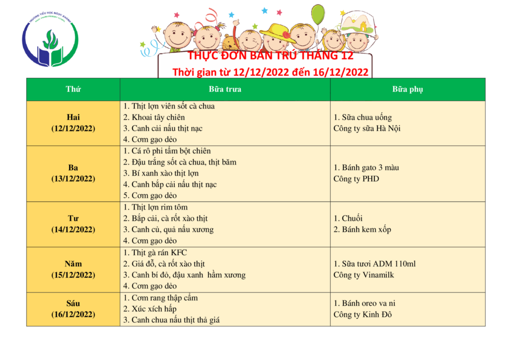Thực đơn bán trú (Áp dụng từ ngày 12/12 - 16/12/2022)