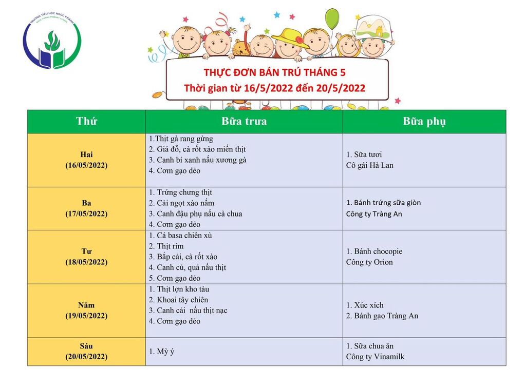Thực đơn bán trú (Áp dụng từ ngày 16/5 - 20/5/2022)