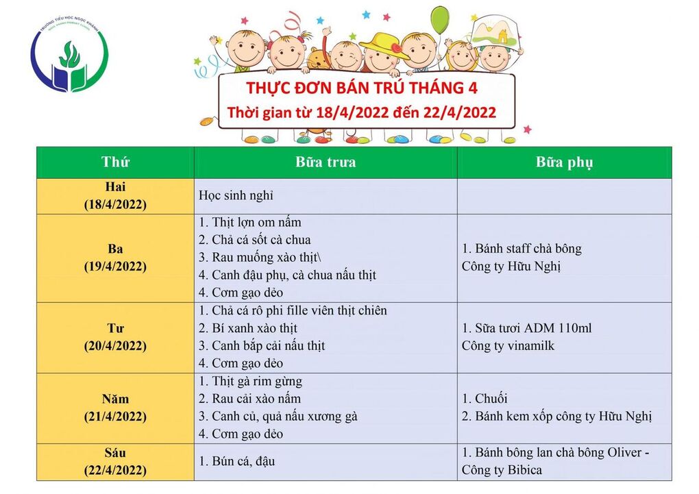 Thực đơn bán trú (Áp dụng từ ngày 18/4-22/4/2022)