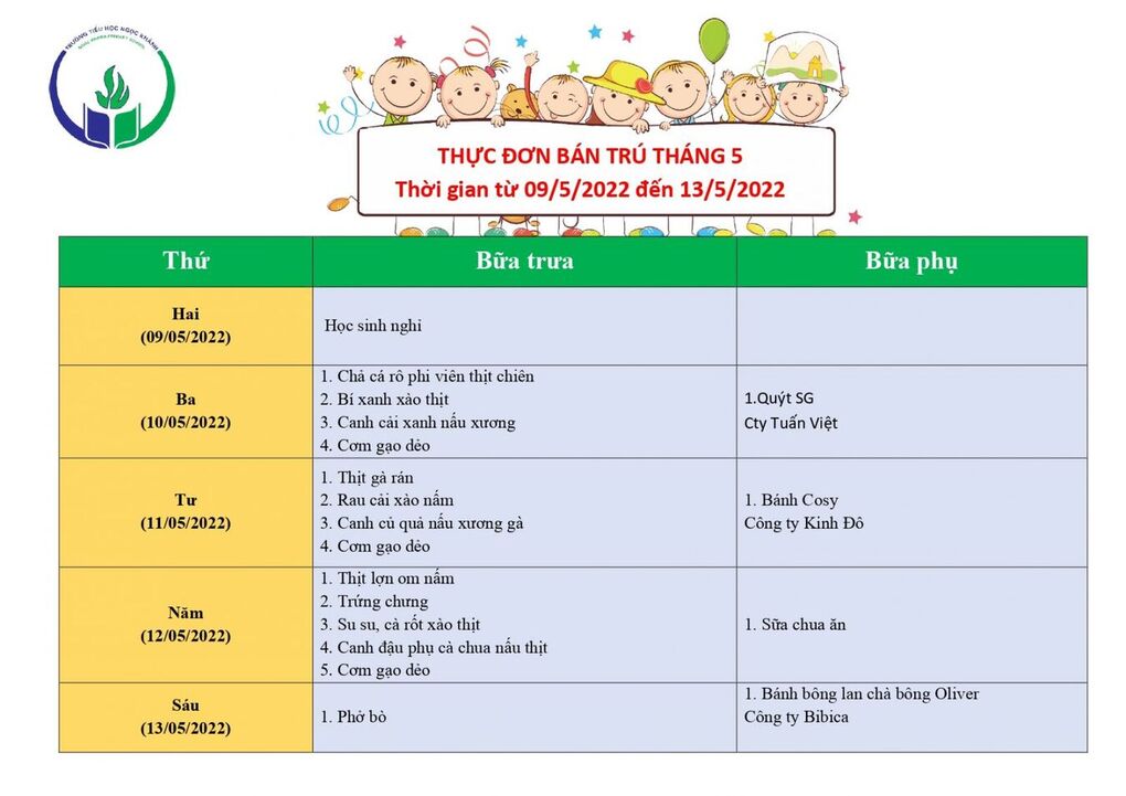 Thực đơn bán trú (Áp dụng từ ngày 09/5 - 13/5/2022)