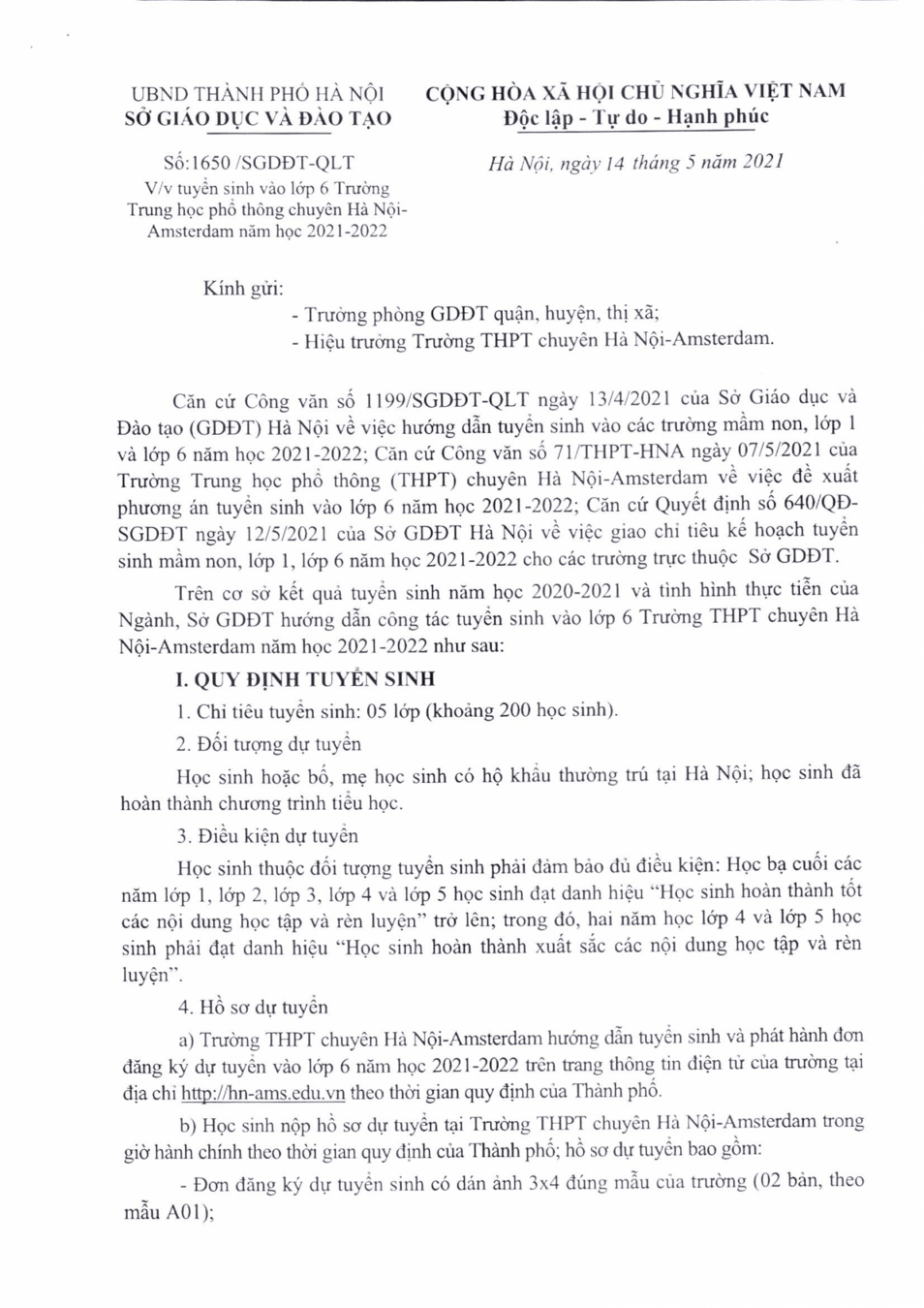 Hướng dẫn tuyển sinh vào lớp 6 chương trình thí điểm đào tạo song bằng và lớp 6 Trường trung học phổ thông chuyên Hà Nội-Amsterdam năm học 2021-2022