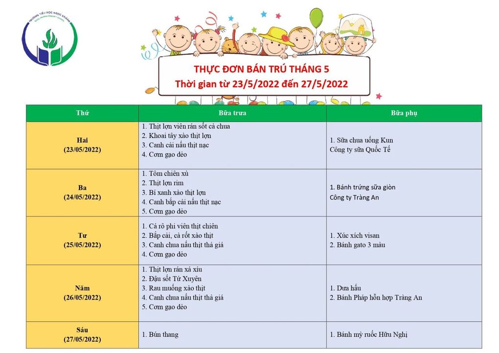 Thực đơn bán trú (Áp dụng từ ngày 23/5 - 27/5/2022)
