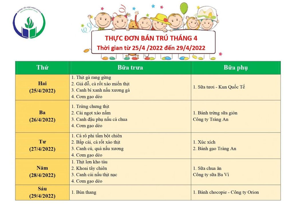Thực đơn bán trú (Áp dụng từ ngày 25/4-29/4/2022)