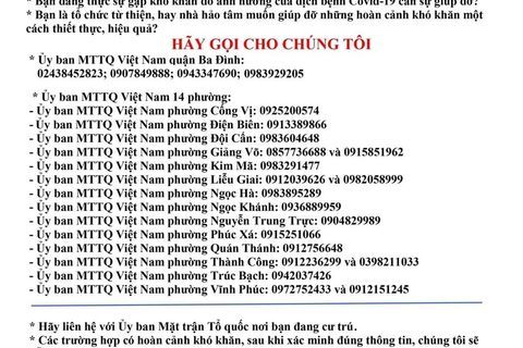 Ủy ban Mặt trận Tổ Quốc Việt Nam quận Ba Đình thông báo cách thức liên lạc hỗ trợ nhân dân đoàn kết chống dịch