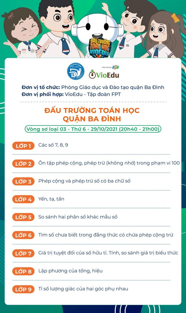Nội dung và thời gian thi vòng sơ loại 3 - Đấu trường Toán học quận Ba Đình