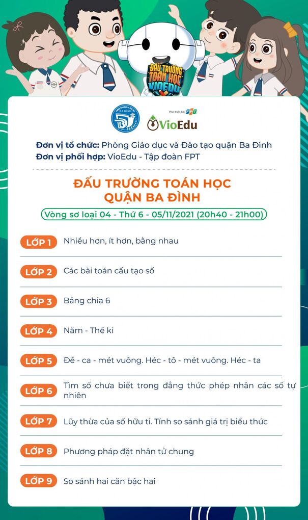 Nội dung và thời gian thi Vòng 4 - Đấu trường Toán học quận Ba Đình