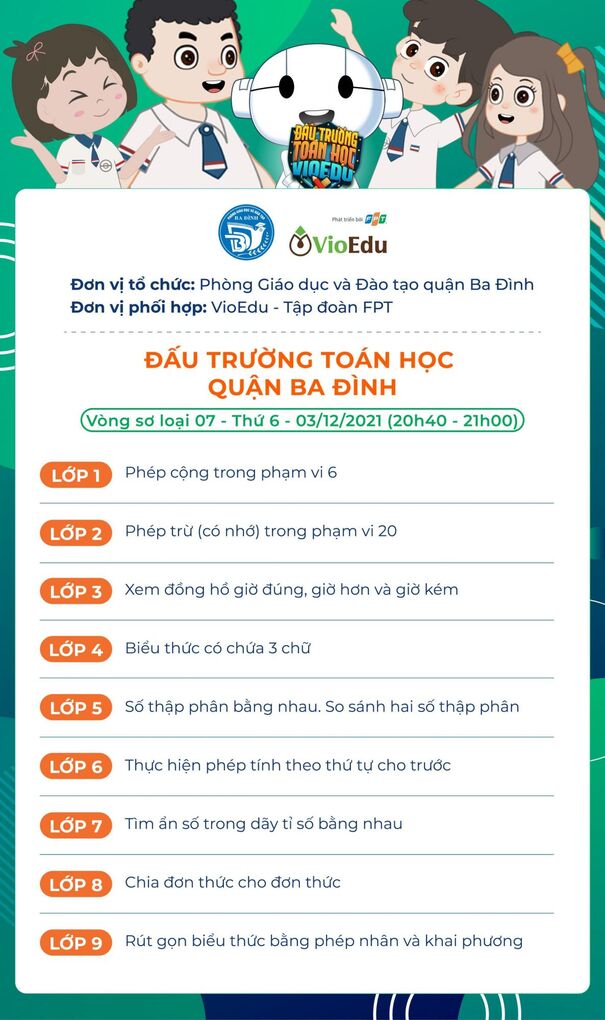Nội dung và thời gian thi Vòng 7 - Đấu trường Toán học quận Ba Đình