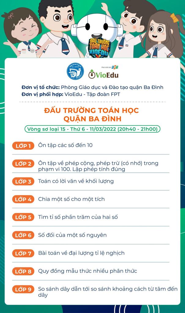 Nội dung và thời gian thi vòng sơ loại 15 - Đấu trường Toán học quận Ba Đình