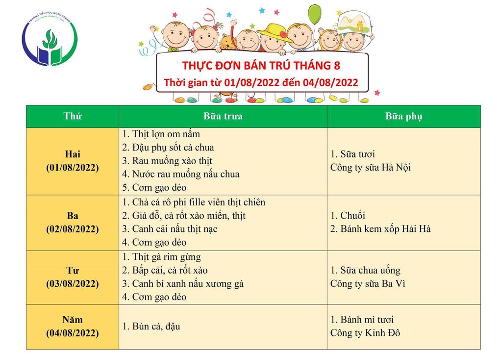 Thực đơn bán trú (Áp dụng từ ngày 01/08 - 04/08/2022)