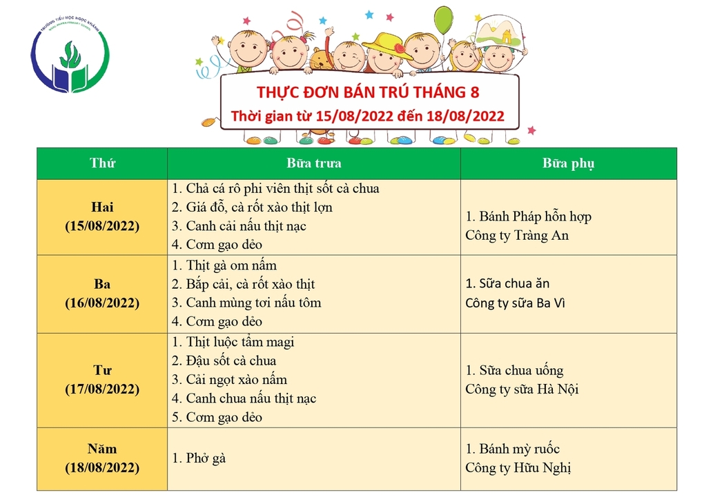 Thực đơn bán trú (Áp dụng từ ngày 15/08 - 18/08/2022)