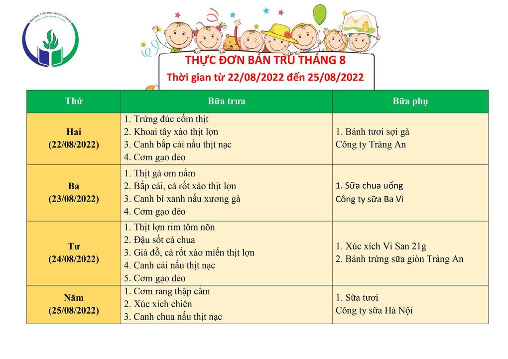 Thực đơn bán trú (Áp dụng từ ngày 22/08 - 25/08/2022)