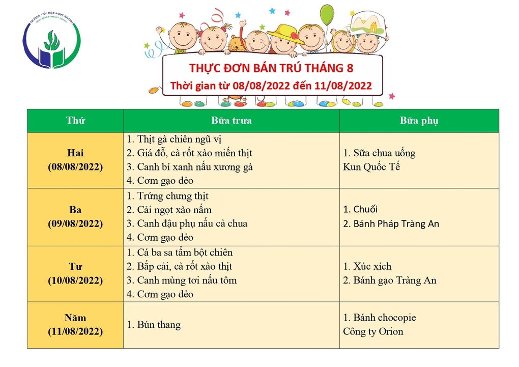 Thực đơn bán trú (Áp dụng từ ngày 08/08 - 11/08/2022)