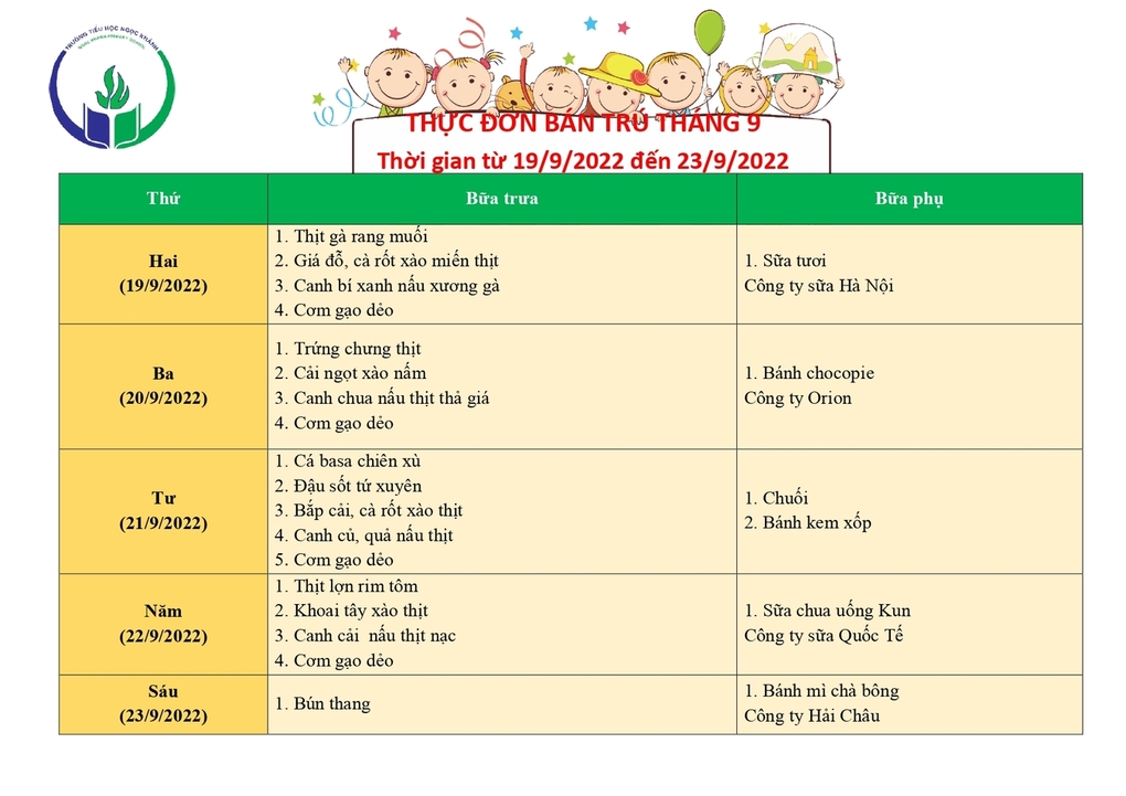 Thực đơn bán trú (Áp dụng từ ngày 19/09/2022 - 23/09/2022)