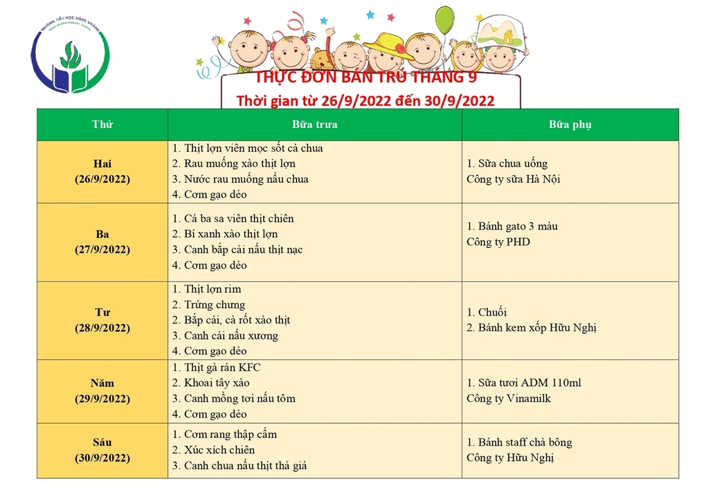 Thực đơn bán trú (Áp dụng từ ngày 26/09/2022 - 30/09/2022)