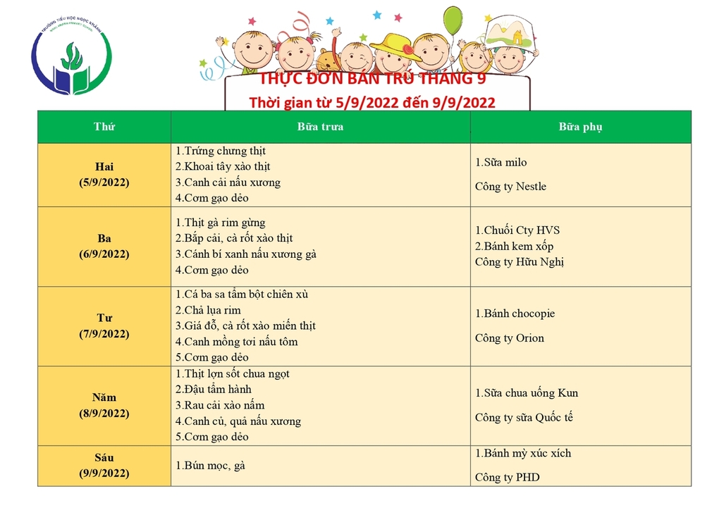 Thực đơn bán trú (Áp dụng từ ngày 05/09 - 09/09/2022)