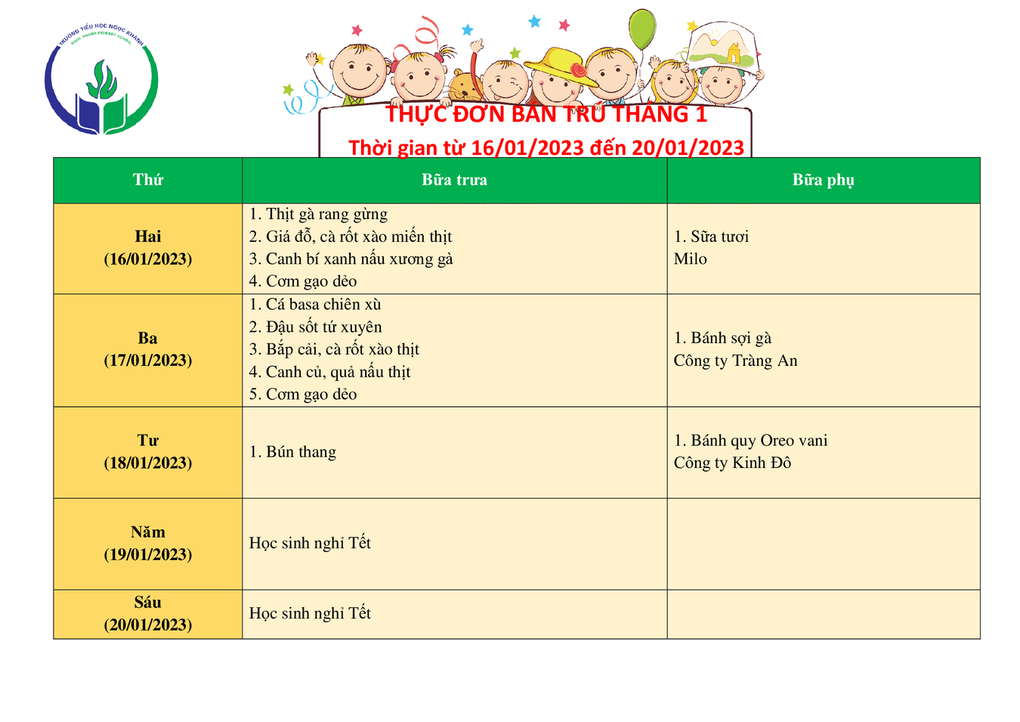 Thực đơn bán trú (Áp dụng từ ngày 16/01 - 20/01/2023)