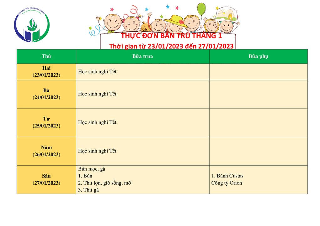 Thực đơn bán trú (Áp dụng từ ngày 23/01 – 27/01/2023)