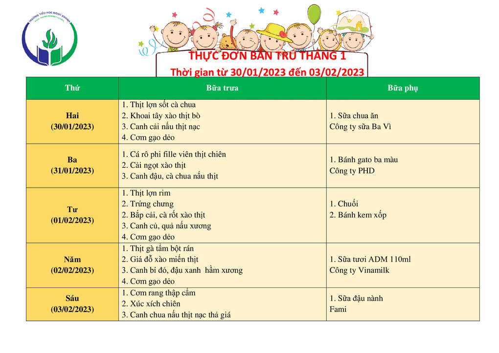 Thực đơn bán trú (Áp dụng từ ngày 30/01 - 03/02/2023)
