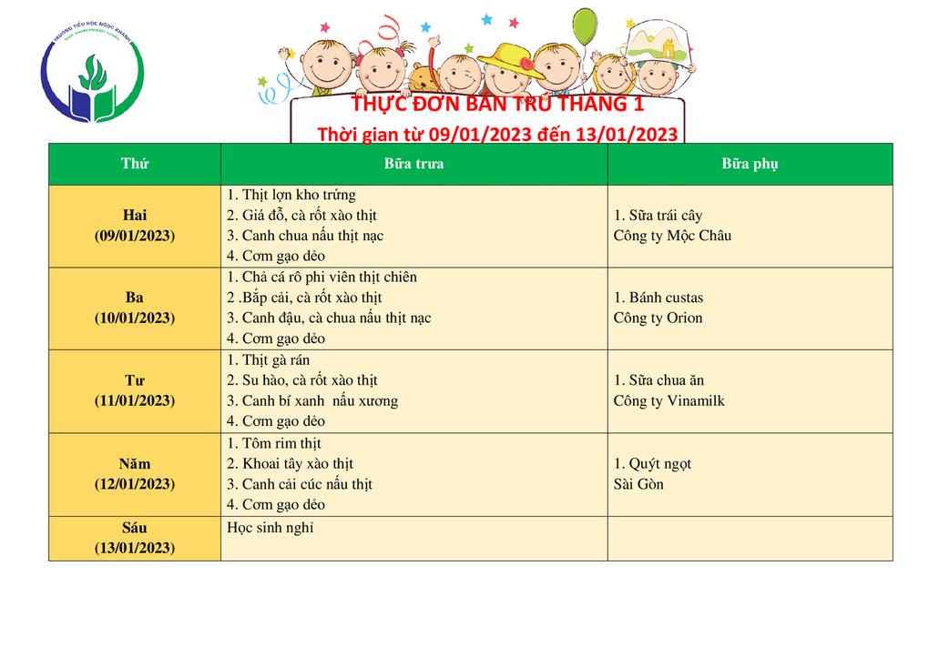 Thực đơn bán trú (Áp dụng từ ngày 09/01 - 13/01/2023)