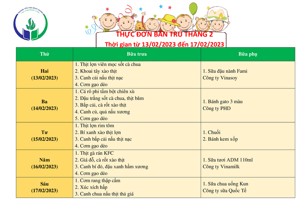 Thực đơn bán trú (Áp dụng từ ngày 13/02 - 17/02/2023)