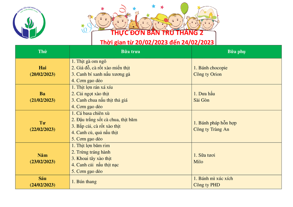 Thực đơn bán trú (Áp dụng từ ngày 20/02 - 24/02/2023)