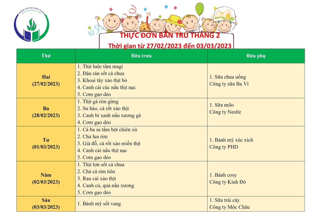 Thực đơn bán trú (Áp dụng từ ngày 27/02 - 03/03/2023)