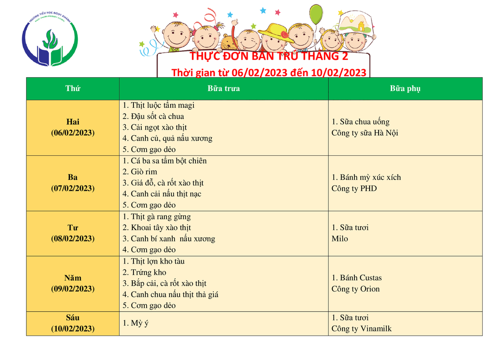 Thực đơn bán trú (Áp dụng từ ngày 06/02 - 10/02/2023)