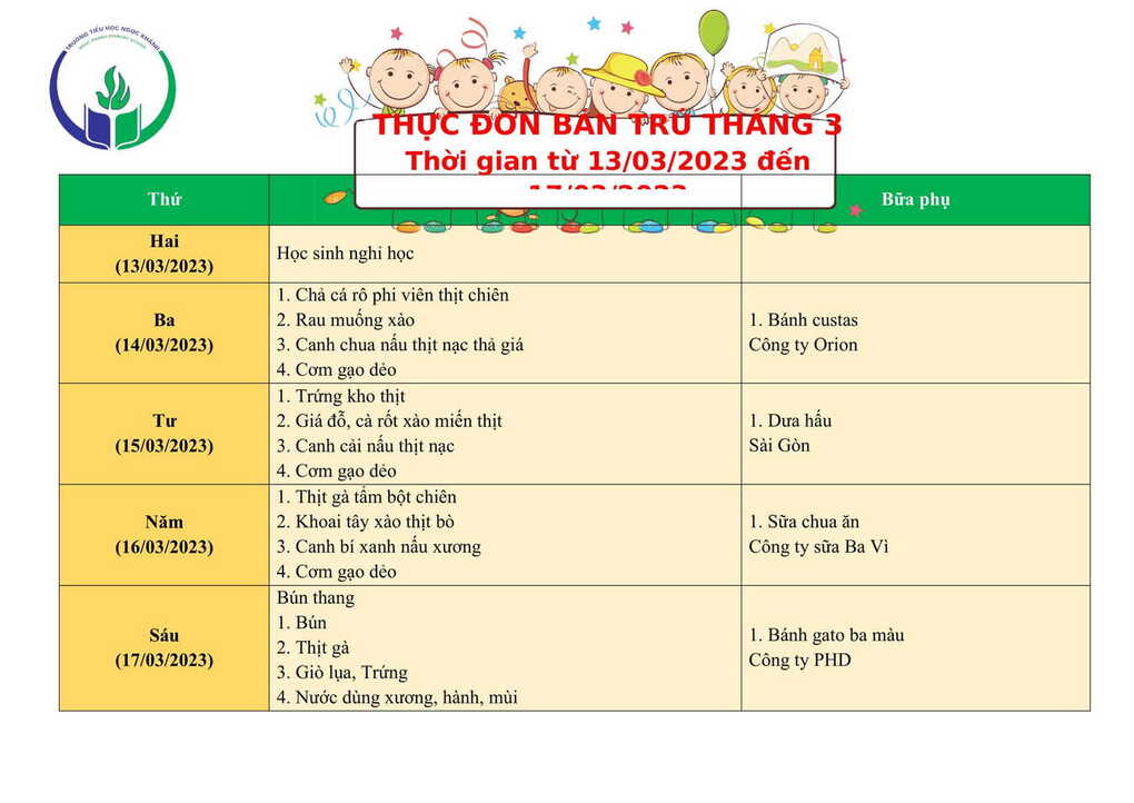 Thực đơn bán trú (Áp dụng từ ngày 14/03 - 17/03/2022)