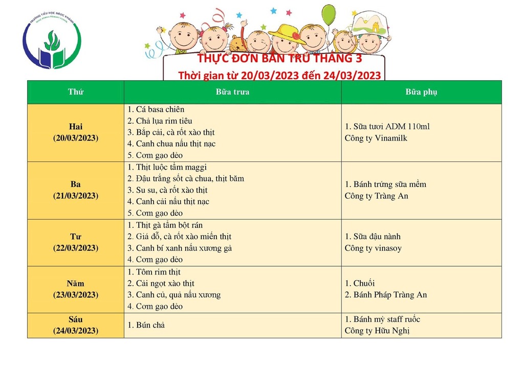 Thực đơn bán trú (Áp dụng từ ngày 20/03 - 24/03/2023)