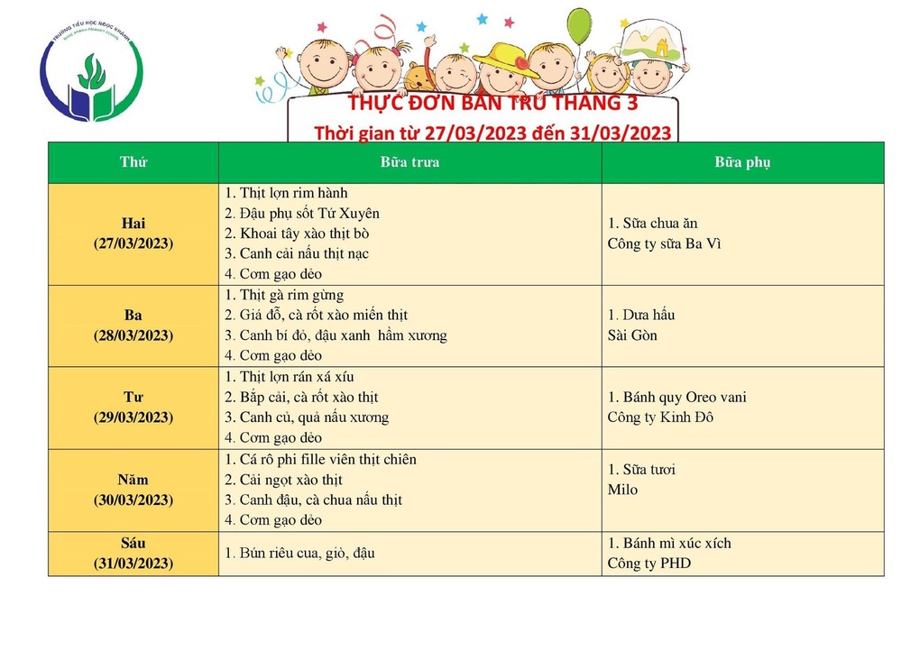 Thực đơn bán trú (Áp dụng từ ngày 27/03 - 31/03/2023)