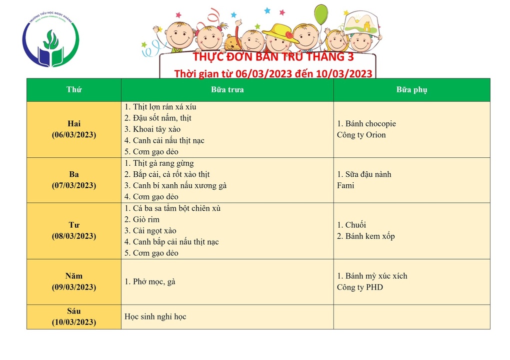 Thực đơn bán trú (Áp dụng từ ngày 06/03 - 10/03/2023)