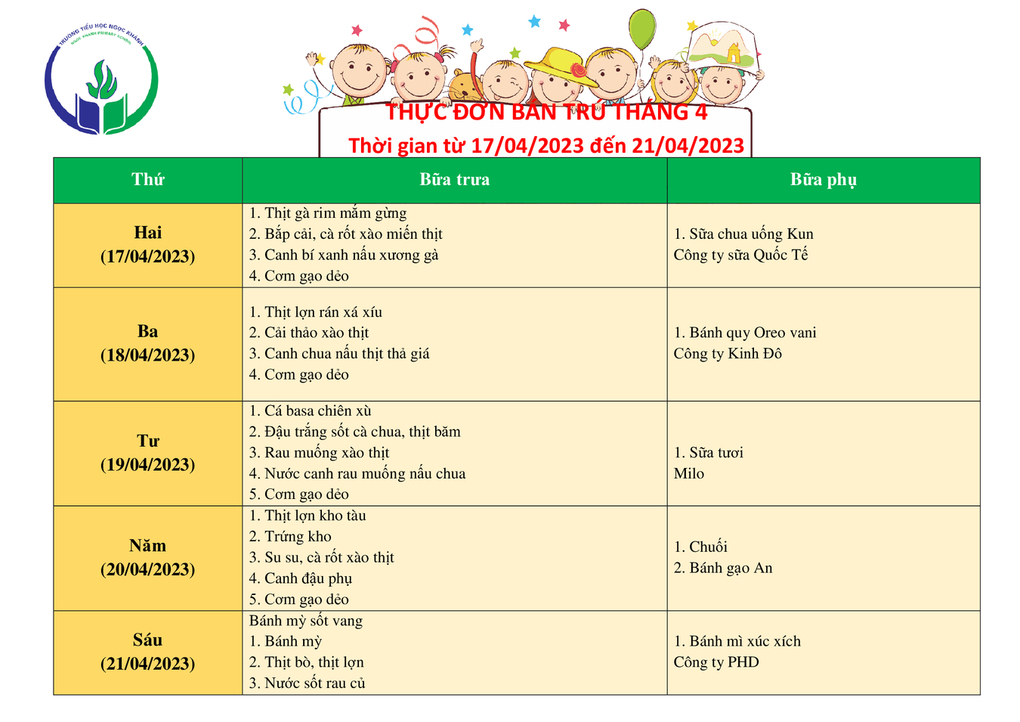 Thực đơn bán trú (Áp dụng từ ngày 17/04 - 21/04/2023)