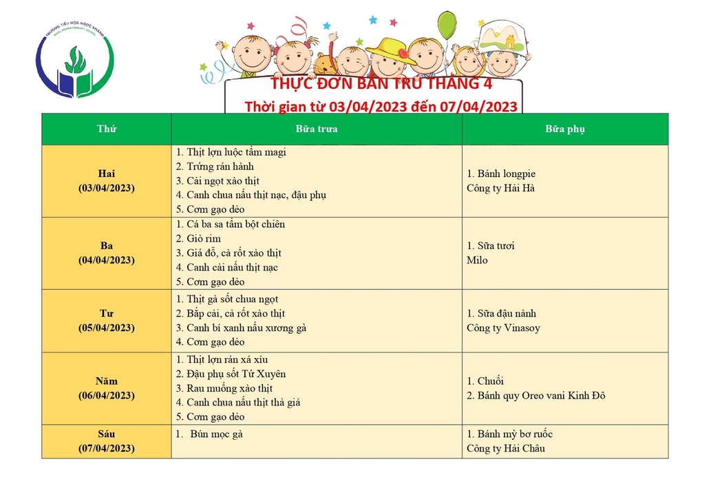Thực đơn bán trú (Áp dụng từ ngày 03/04 - 07/04/2023)
