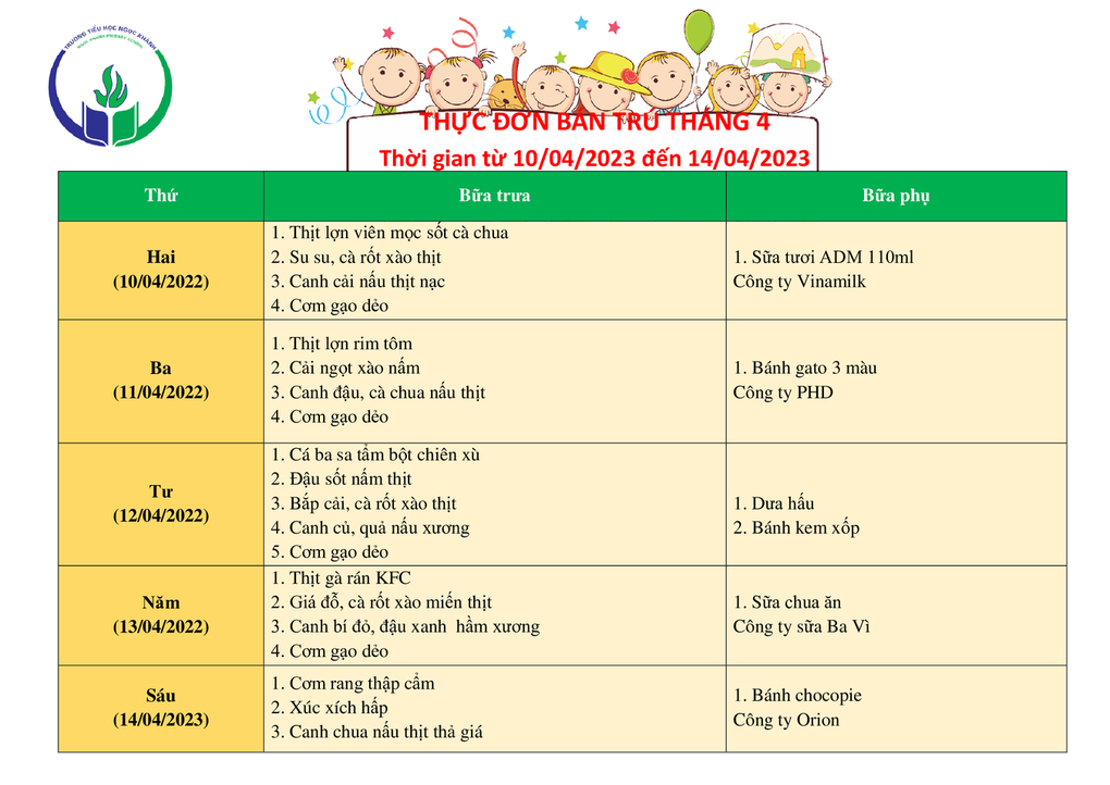 Thực đơn bán trú (Áp dụng từ ngày 10/04 – 14/04/2023)