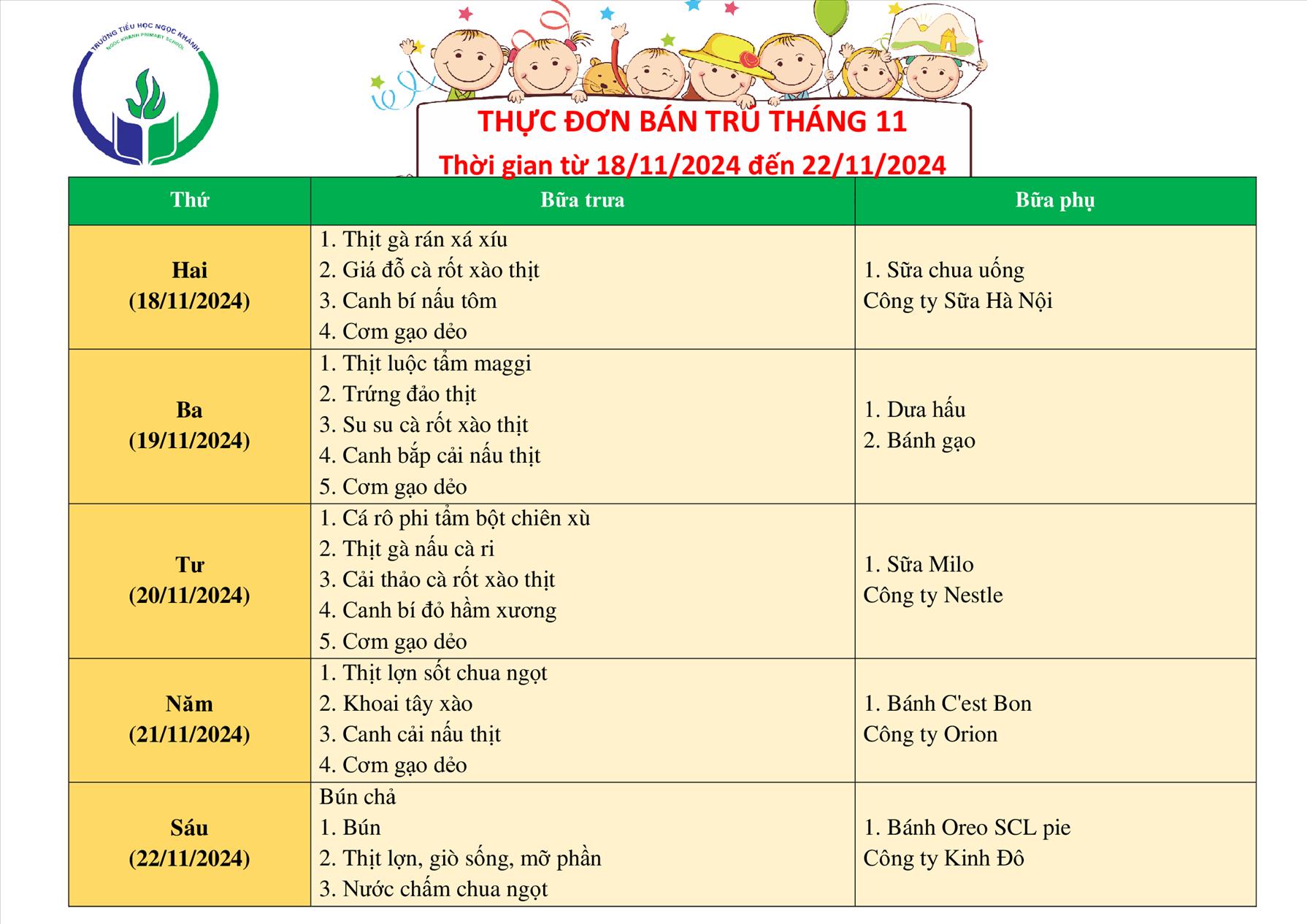 Thực đơn bán trú (Áp dụng từ ngày 18/11/2024 - 22/11/2024)