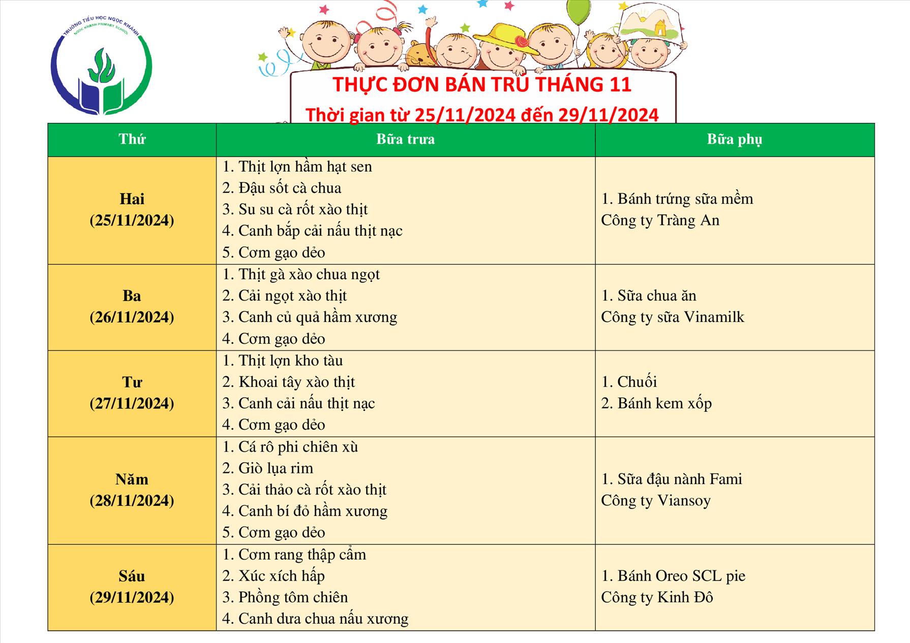 Thực đơn bán trú (Áp dụng từ ngày 25/11/2024 - 29/11/2024)