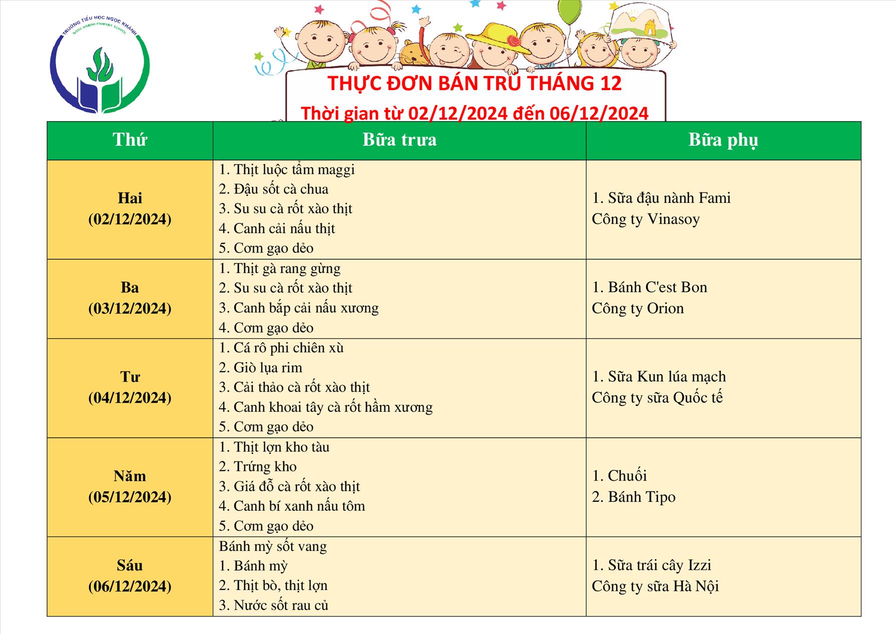 Thực đơn bán trú (Áp dụng từ ngày 02/12/2024 - 06/12/2024)