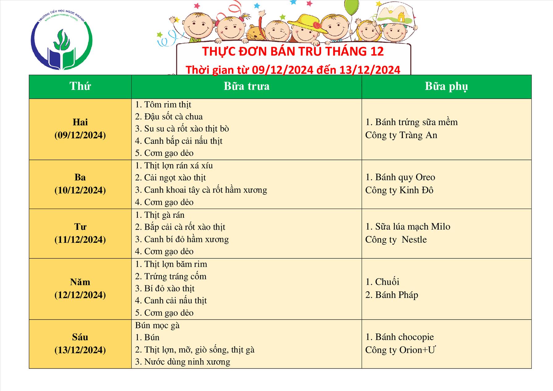 Thực đơn bán trú (Áp dụng từ ngày 09/12/2024 - 13/12/2024)