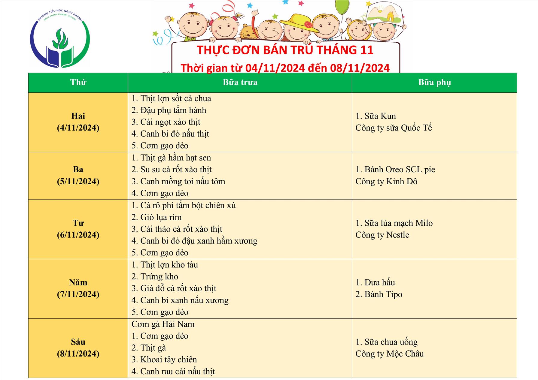 Thực đơn bán trú (Áp dụng từ ngày 04/11/2024 - 08/11/2024)