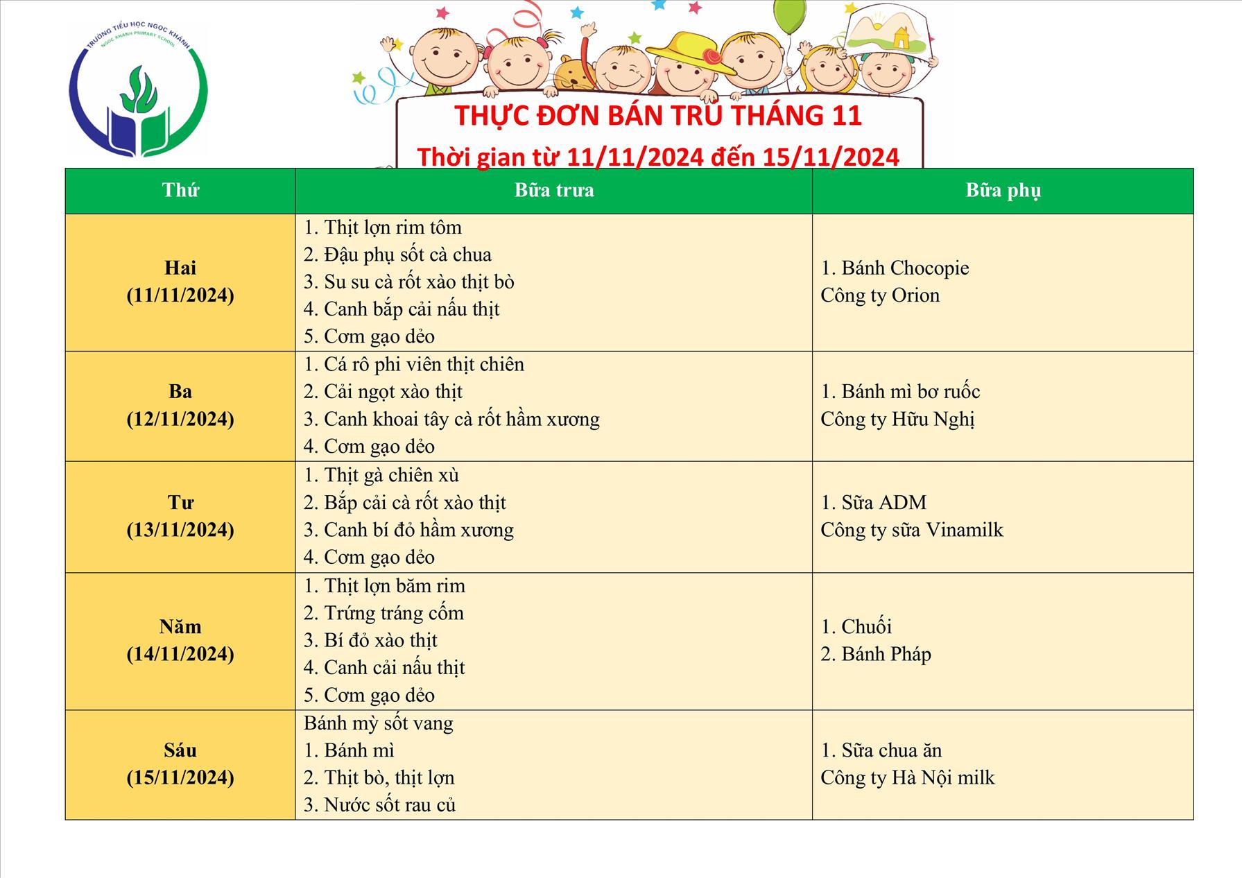 Thực đơn bán trú (Áp dụng từ ngày 11/11/2024 - 15/11/2024)