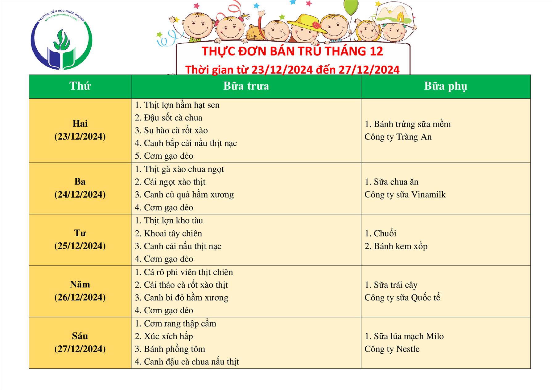 Thực đơn bán trú (Áp dụng từ ngày 23/12/2024 - 27/12/2024)