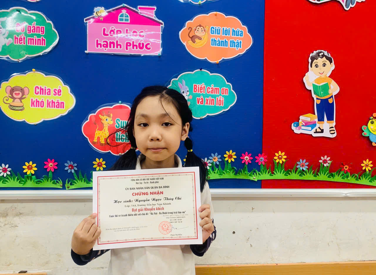 Nguyễn Ngọc Thùy Chi lớp 3A4 đạt giải cấp Quận cuộc thi vẽ tranh với chủ đề “Hà Nội – Ba Đình trong trái tim em”